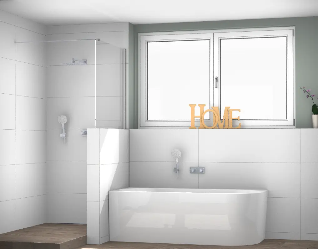 3D-Badplanung mit Badewanne, Dusche und Fenster